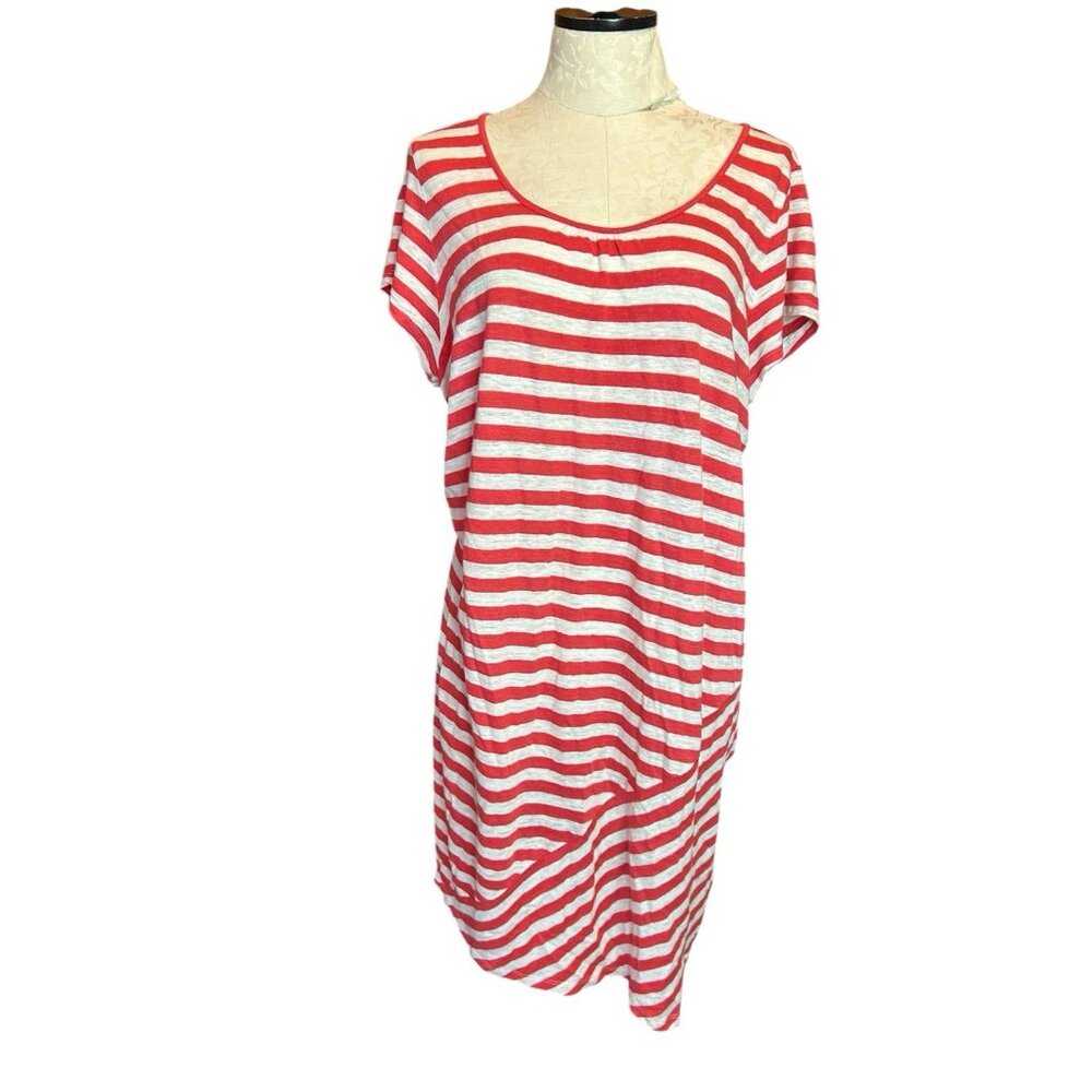 Tommy Bahama Serena Stripe LINEN Dress Size Red White Crewneck Below Knee XL